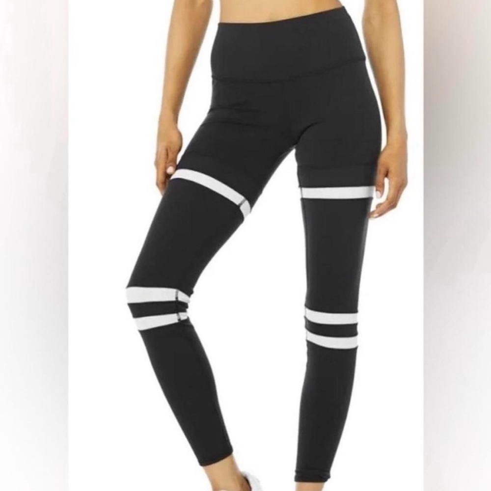 ALO Yoga Black Leggings with White Logo and Trim